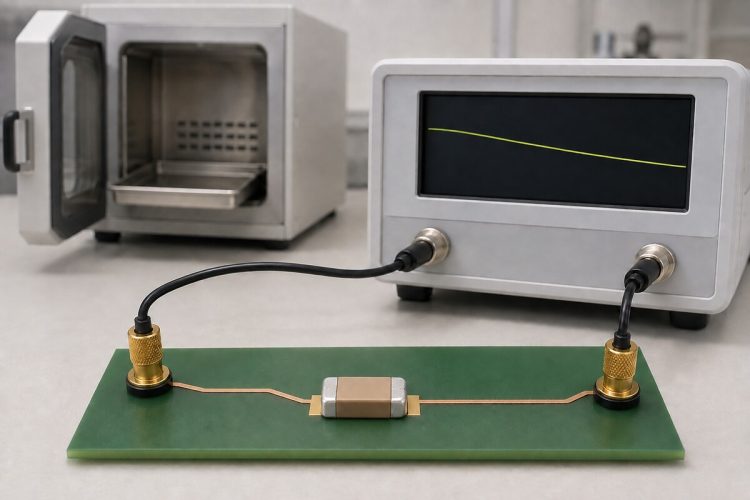 Single two-terminal MLCC in a measurement fixture with a completed thermal-history backdrop and a conceptual slow downward time trend