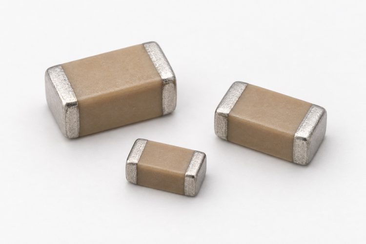 Three unbranded two-terminal MLCC ceramic capacitors arranged naturally on a white background