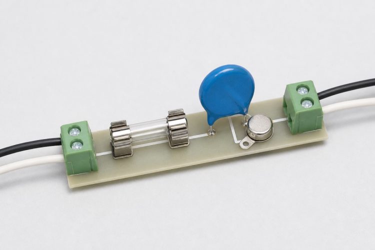 Line fuse, metal oxide varistor, and thermally coupled cutoff on a small circuit board