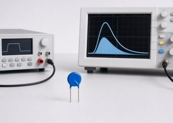 Metal oxide varistor beside a pulse generator and oscilloscope during an energy test