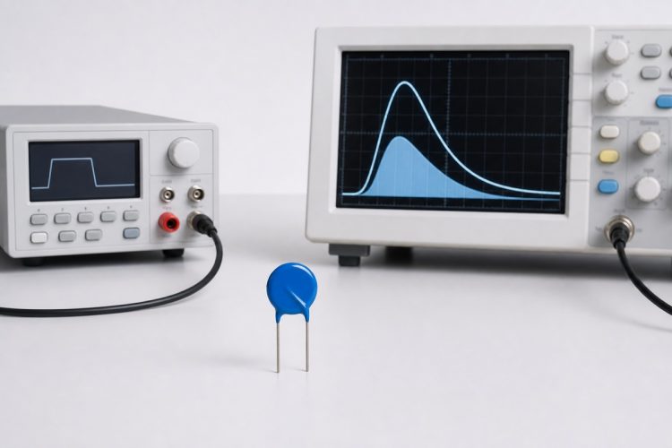 Metal oxide varistor beside a pulse generator and oscilloscope during an energy test