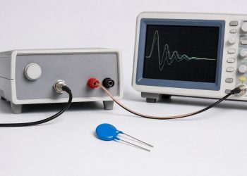MOV beside a pulse generator and oscilloscope showing repeated surge waveforms