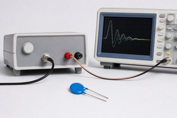 MOV beside a pulse generator and oscilloscope showing repeated surge waveforms