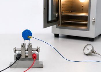 Metal oxide varistor with a thermocouple on a temperature test fixture