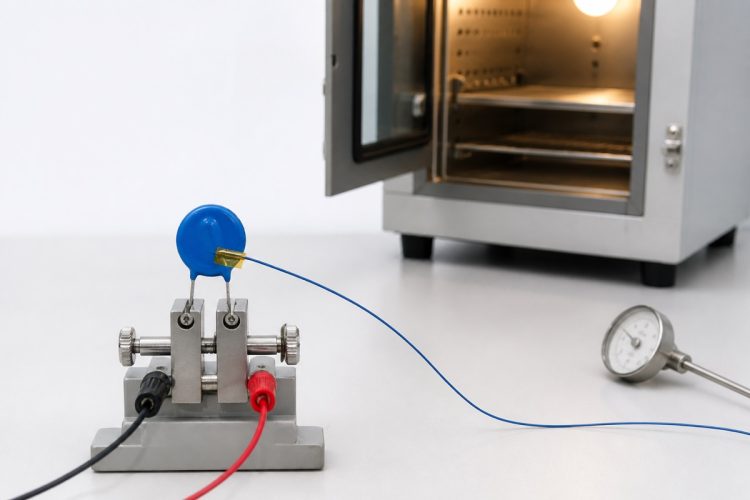 Metal oxide varistor with a thermocouple on a temperature test fixture