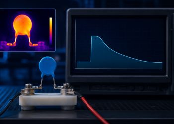 Disc MOV on a test fixture with a thermal image and a time-voltage withstand curve
