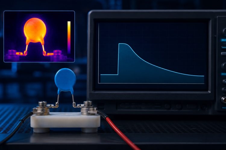 Disc MOV on a test fixture with a thermal image and a time-voltage withstand curve