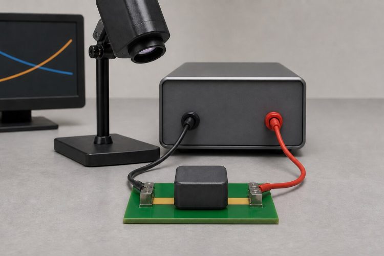 Single shielded power inductor in a conceptual current and non-contact thermal validation fixture