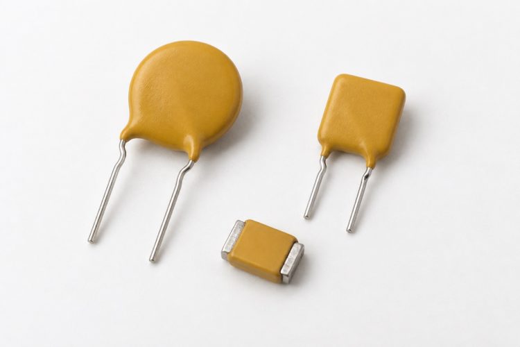 Two unbranded radial-leaded PPTCs and one surface-mount PPTC arranged naturally on a white background