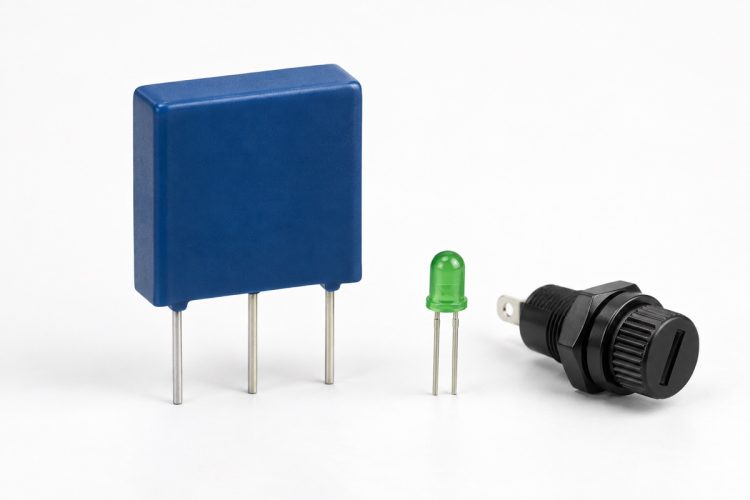 Unbranded three-lead protected component beside a status LED and fuse holder on white