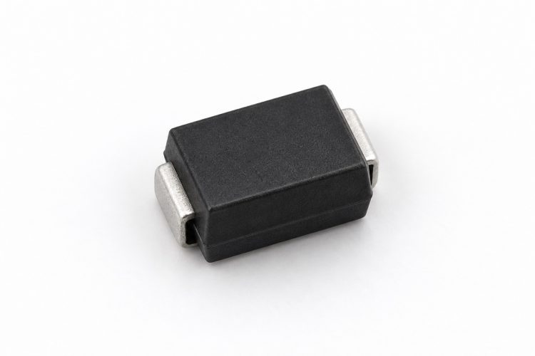 Unbranded black surface-mount TVS diode on a white background